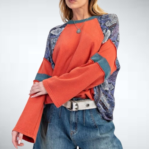 easel Tops - Size S Easel Mixed Print Paisley Jersey Top in Boho Red